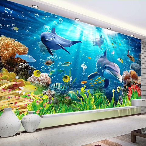 Papel tapiz fotográfico personalizado para paredes 3D, Fondo de Dolphin del mundo submarino para habitación de niños, sala de estar, dormitorio, TV, decoración de pared Mural ► Foto 1/6