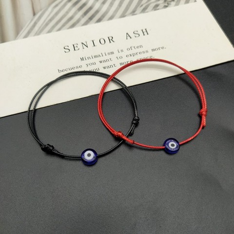 Pulsera de la suerte tejida para hombre y mujer, pulseras de hilo rojo con diseño de ojo malvado, color azul plano, ajustable, color negro de la suerte, 2 uds. ► Foto 1/6