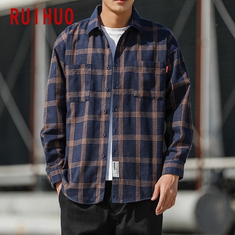 RUIHUO camisa de manga larga hombres Camiseta Slim de lana Casual camisas de cuadros de los hombres de la marca de moda de talla grande M-5XL 2022 primavera nueva ► Foto 1/6