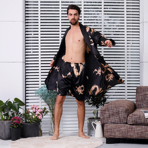 Traje negro de dos piezas, bata de seda para hombre con Dragón, bata Extra grande 5XL con dragones, albornoz de satén para hombre, Kimono de seda para hombres ► Foto 1/6