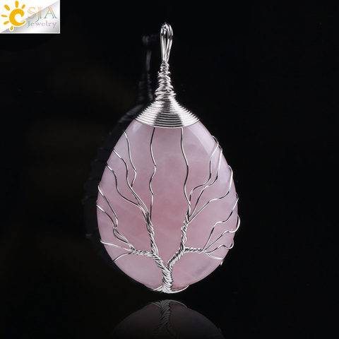 CSJA Piedra Natural collar de cuarzo rosa y colgante color plata Árbol de la vida alambre envuelto forma de gota de agua para joyería de las mujeres de F122 ► Foto 1/6