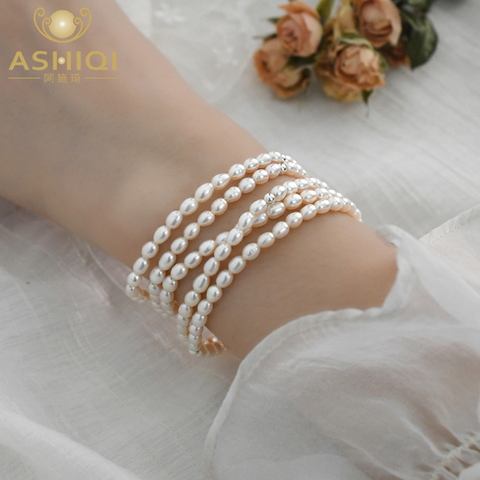 ASHIQI 3-4mm perla natural de agua dulce auténtica pulsera elástica 925 joyas de cuentas de plata para las mujeres, Día de San Valentín de regalo de la joyería ► Foto 1/6