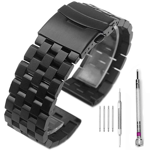 Correa de reloj de acero inoxidable cepillado para hombre y mujer, pulsera de repuesto de Metal de 18mm/20mm/22mm/24mm/26mm, negra/plateada ► Foto 1/5