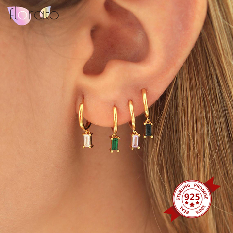 Pendientes de aro de Plata de Ley 925 auténtica para mujer, aretes redondos minimalistas de circonita colorida, joyería de plata, regalo 2022 A ► Foto 1/6