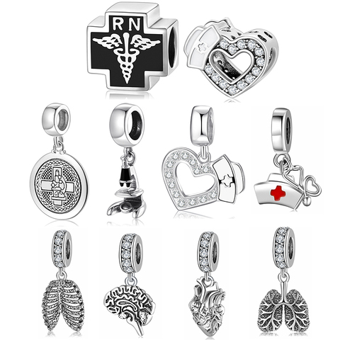 Colgante de Plata de Ley 925 con forma de corazón para enfermera, joyería fina con forma de corazón, músculos de los pulmones, cuentas aptas para pulsera 925 Original ► Foto 1/6