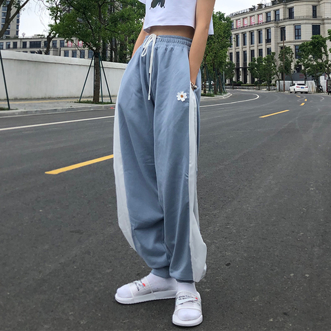 Pantalones de Jogging holgados con contraste en azul y blanco para mujer, pantalón informal, con cordón de cintura alta, ropa de calle coreana ► Foto 1/6