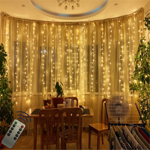 Cortina de luces con control remoto, cortina de hadas para decoración romántica de casa, fiesta de boda, sala de estar, 3x3M, 300LED, funciona con batería ► Foto 1/6