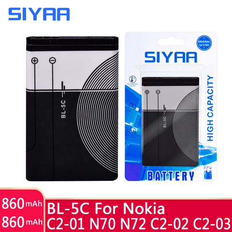 SIYAA de la batería del teléfono móvil BL-5C para NOKIA C2-01 N70 N72 C2-02 C2-03 C2-06 X2-01 5130 2610 BL 5C Li-Ion batería 3,7 V baterías ► Foto 1/6