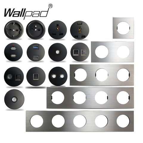 Wallpad-cargador USB L6 plateado aluminio cepillado negro enchufe francés de la UE, RJ45 CAT6, módulos de Audio HDMI, Combinación libre para manualidades ► Foto 1/6