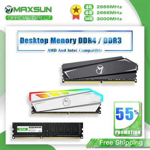 MAXSUN Ram DDR4 4GB 8GB 16GB y GB de Memoria DDR3 1600, 2666MHz, Memoria Ram Dimm DDR4 1,2 V 288Pin 16GB Intel/AMD escritorio Memoria con disipador de calor ► Foto 1/6