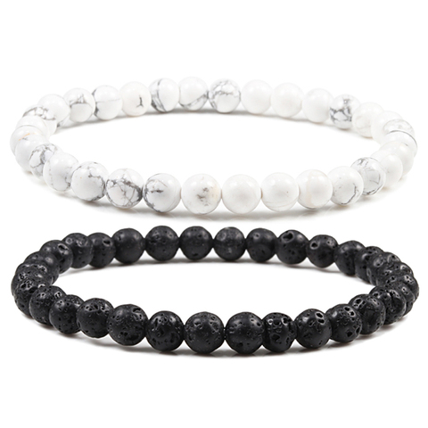 Pulseras de cuentas blancas y negras de 6mm para hombre y mujer, brazaletes clásicos elásticos, piedra de Lava Natural, Ojo de Tigre, turquesas, joyería ► Foto 1/6