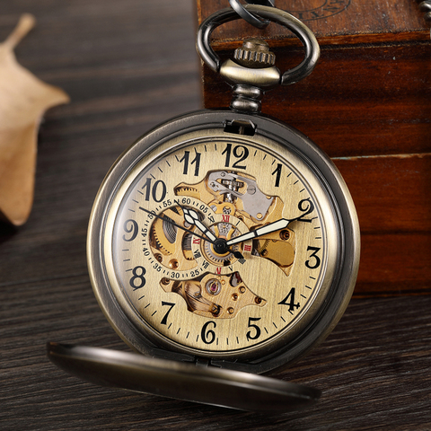 Reloj de bolsillo mecánico hueca Lisa Vintage para hombres y mujeres, reloj de cuerda manual con números arábigos Steampunk, cadena de esqueleto colgante ► Foto 1/5