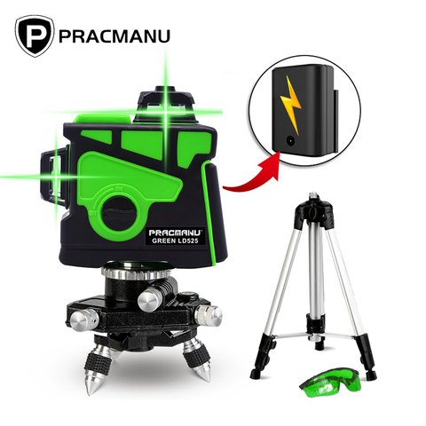 PRACMANU-Nivel láser verde, 12 líneas, 3D, autonivelante, 360, Cruz Horizontal y Vertical, superpotente ► Foto 1/6