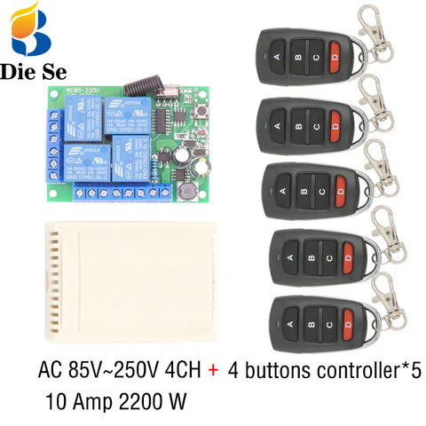 Control remoto inalámbrico Universal, 433MHz, CA, 110V, 220V, 10 amperios, 2200W, 4 canales, módulo receptor por relé, interruptor RF para puerta, abridor de garaje ► Foto 1/6