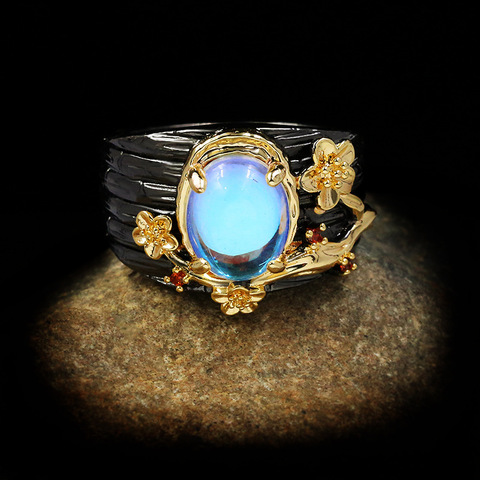 Anillo creativo de piedras preciosas de luz de luna para mujer, joya de flor de rama de árbol, joya de piedra lunar para mujer, joyería de oro negro elegante ► Foto 1/5