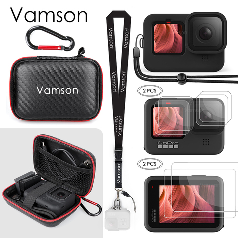 Vamson-Kit de accesorios para Gopro Hero 9, funda de silicona + vidrio templado + Mini cámara, funda protectora con gancho + cordón ► Foto 1/6