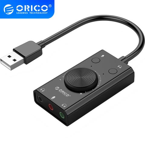 ORICO, tarjeta de sonido USB externa, altavoz estéreo con micrófono, auriculares de 3,5mm, Conector de Audio, Cable adaptador, interruptor de ajuste de volumen, unidad libre ► Foto 1/6