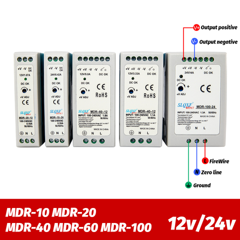 Miniinterruptor de fuente de alimentación de carril Din AC/DC, Industrial, MDR-10W, 20W, 40W, 60W, 100W, conmutación de salida única, 12V, 24V ► Foto 1/6