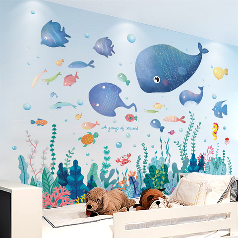 SHIJUEHEZI-pegatinas de pared del mundo de algas marinas, calcomanías de pared de peces para casa, habitaciones de niños, decoración de baño y dormitorio de bebé ► Foto 1/5