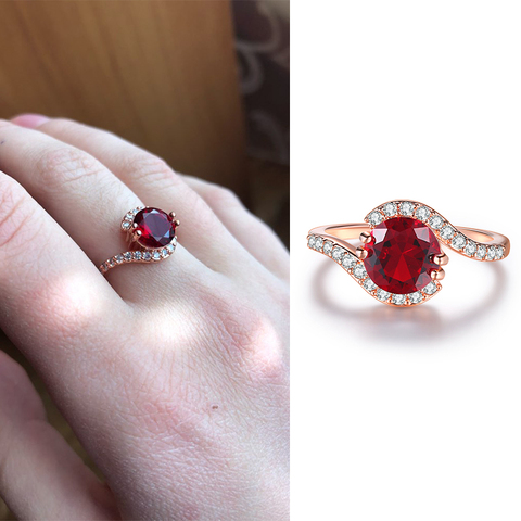 Anillos de boda con cristal rojo y claro de lujo para mujeres Color oro rosa AAA + Zirconia cúbica joyería de regalo para Navidad R389 ► Foto 1/6