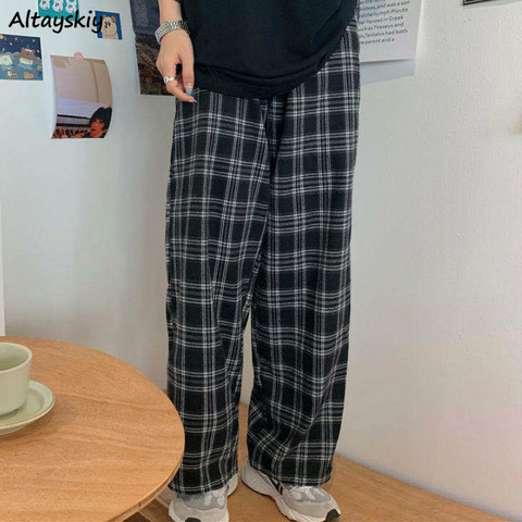 Pantalones Retro a cuadros para mujer, ropa de calle de talla grande 3XL, color negro, estilo Harajuku para estudiantes, largos, pantalones de pierna ancha Chic ► Foto 1/6