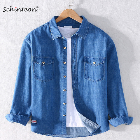 2022 Schinteon 100% de algodón Camisa vaquera hombre dos bolsillos al frente de manga larga giro-abajo Collar de otoño Casual Camisa hombre ► Foto 1/6