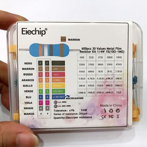 Resistencias de metal de 1% 1/4 W, de anillo de color (10 ohmios-1 miliohmnios), 30 valores x 20 uds., 6000 uds. por lote ► Foto 1/5