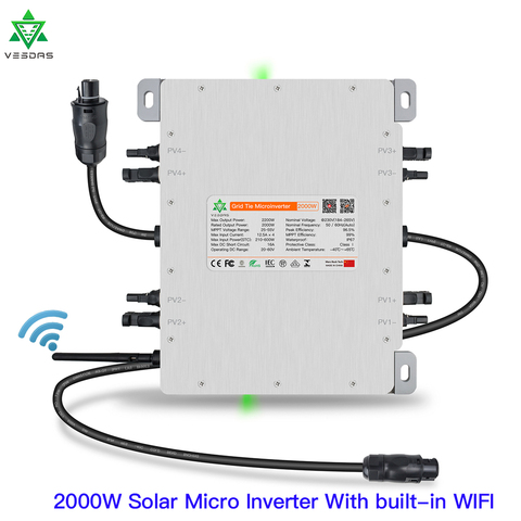 Microinversor Solar DE 2000W, 4 MPPT, inversor de conexión a red IP65 20-60VDC 230VAC con WIFI incorporado para 60 72 96 celdas ► Foto 1/1