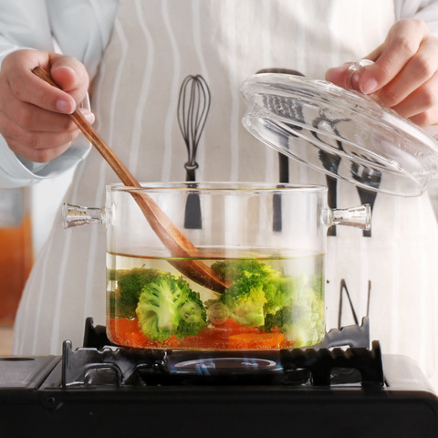 Olla de cocina de vidrio transparente de borosilicato, resistente al calor, para hervir fideos de agua, herramienta de cocina con hoja magnética ► Foto 1/6