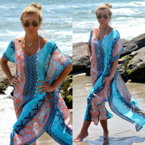 Vestido playero con estampado bohemio para mujer, traje de baño cubierta de mujer, Bikini Sarong, vestido largo Pareo, Túnica, capas, caftán ► Foto 1/6