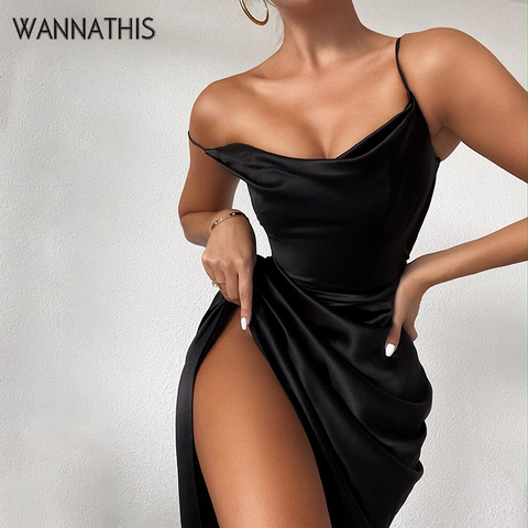 WannaThis-Vestido corto de satén para mujer, vestido negro de fiesta con cuello en V, abertura lateral, fruncido, elegante ► Foto 1/6