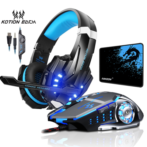 Auriculares estéreo para juegos, auriculares para juegos, auriculares con micrófono y luz LED para jugadores de PC + 6 botones ratón Gaming profesional ► Foto 1/6