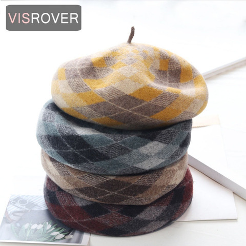 VISROVER-Boina de lana de 100% con rombos para mujer, sombrero de invierno de punto, sombrero de otoño, Boina de alta calidad ► Foto 1/6