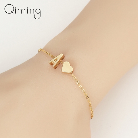 QIMING-Pulseras de la amistad con 26 letras iniciales para mujer, joyería de moda, Color dorado, corazones de amor, A-Z, pulsera, regalo para niña ► Foto 1/5