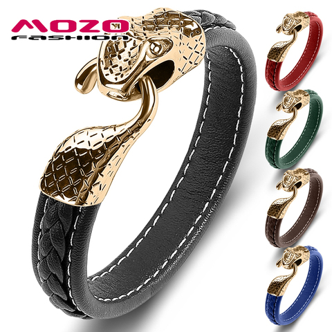 MOZO-pulsera de cuero negro con botón de serpiente para hombre, brazalete, acero inoxidable, Punk, informal, alta calidad, regalo, novedad, 068 ► Foto 1/6