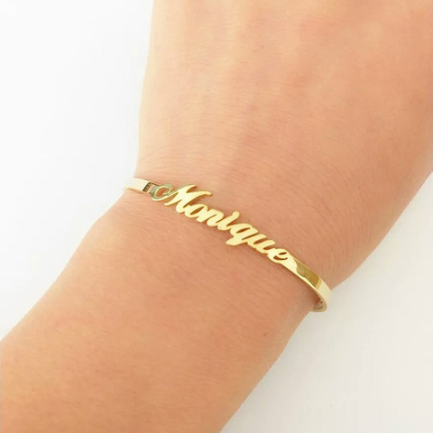 Pulseras con nombre personalizado para mujer, brazaletes de oro, brazalete con nombre personalizado, placa con nombre ajustable de acero inoxidable, bisutería para niños ► Foto 1/6