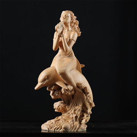 Boxwood18cm sirena decoración de la habitación de belleza figura estatuas de madera de hadas de oficina suerte escultura decoración casa sirena ► Foto 1/1