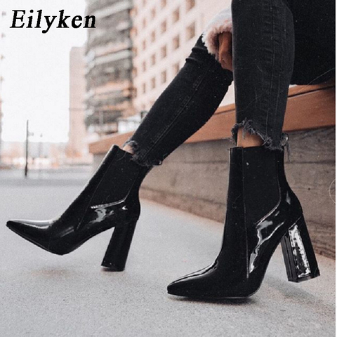 Eilyken 2022 nueva moda de invierno de cuero de patente de los tacones altos de las mujeres botas de punta de cremallera negro mujer bota de talla grande 41 42 ► Foto 1/1