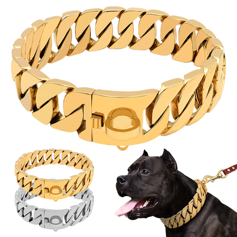 Collares de cadena de Metal fuerte para perros de acero inoxidable Collar de estrangulación de Entrenamiento de mascotas para perros grandes Pitbull Bulldog Collar de oro plateado ► Foto 1/6