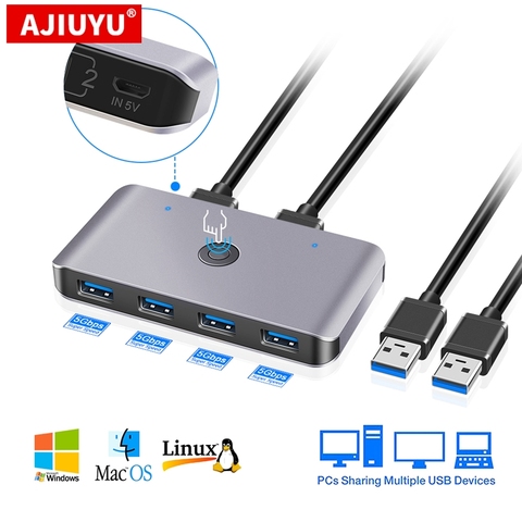 AJIUYU KVM USB caja de interruptor USB 3,0 de 2,0 conmutador 2 uds compartir 4 Dispositivos para teclado ratón impresora Monitor con 2 Cables ► Foto 1/6