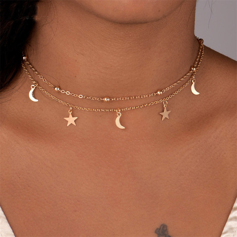 Colgantes de acero inoxidable multicapa para mujer, collares de Gargantilla de cadena doble de media luna, cuerno de estrella, cuentas de colores dorados y plateados ► Foto 1/6