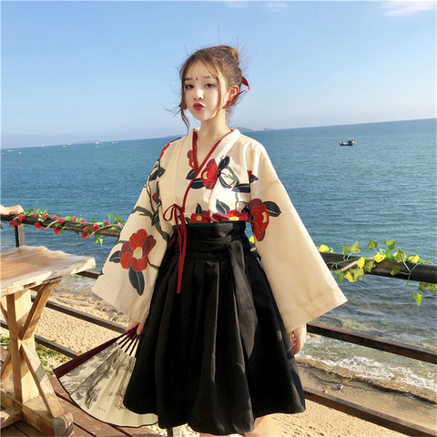 Kimono Haori de estilo japonés con estampado Floral para niña y mujer, Top de falda corta y larga, trajes de manga larga, moda Kawaii de verano 2022 ► Foto 1/6