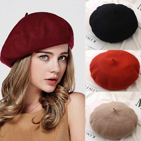 Gorros de boina francesa para mujer, boina de estilo urbano, otoño e invierno, gorro liso de lana cálido, gorro para niña ► Foto 1/6