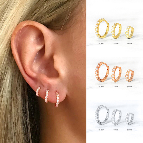 Pendientes de aro de circonia cúbica para mujer, de Plata de Ley 925 de 6mm/8mm, aretes redondos pequeños de oro/oro rosa/plata, joyería de moda ► Foto 1/6