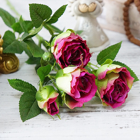 Flores artificiales de rosas de 4 cabezas, Tallo largo para decoración de boda, rosas de seda, ramas de plástico con hojas, decoración para el hogar y el Hotel ► Foto 1/6