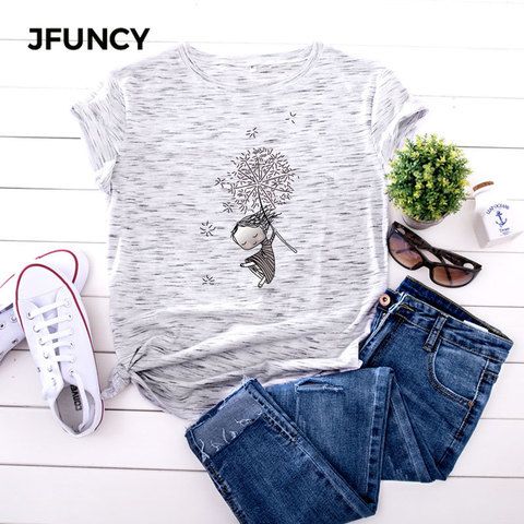 JFUNCY-Camiseta femenina de algodón con manga corta para verano, camiseta de mujer con estampado a la moda, estilo informal, talla grande 5XL, top de gran tamaño para mujer ► Foto 1/6