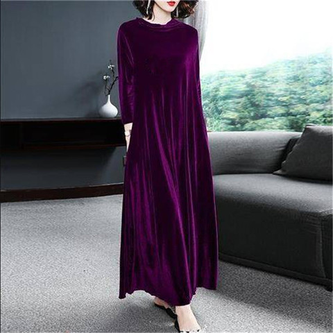 2022 de las mujeres de invierno de cuello largo maxi vestido de terciopelo de talla grande 5XL 6XL 7XL elegante de manga larga vestido de fiesta de otoño vestido de terciopelo ► Foto 1/3