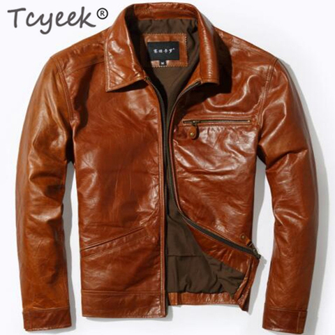 Tcyeek-Chaqueta de cuero auténtico para hombre, abrigo de cuero de vaca Vintage, para invierno y otoño ► Foto 1/6