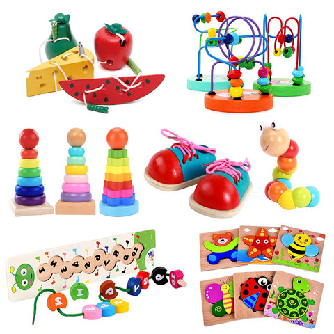 Montessori-juguetes de madera para bebés, gusano para comer fruta, queso, juguetes educativos para niños, cuerda, piercing, Montessori, regalos ► Foto 1/6