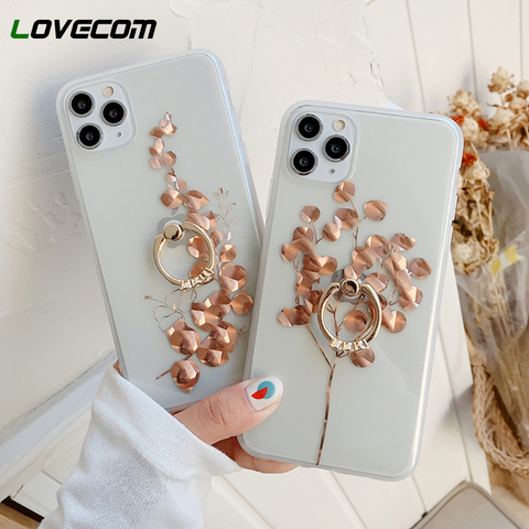 LOVECOM-funda transparente con anillo para iPhone, funda trasera suave con diseño de hoja IMD para iPhone 12, 11 Pro, XS, Max, XR, X, 7, 8 Plus ► Foto 1/6